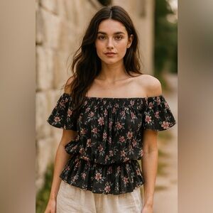 American Eagle Soft & Sexy Boho Floral Off Shoulder Short Sleeve Blouse …​
